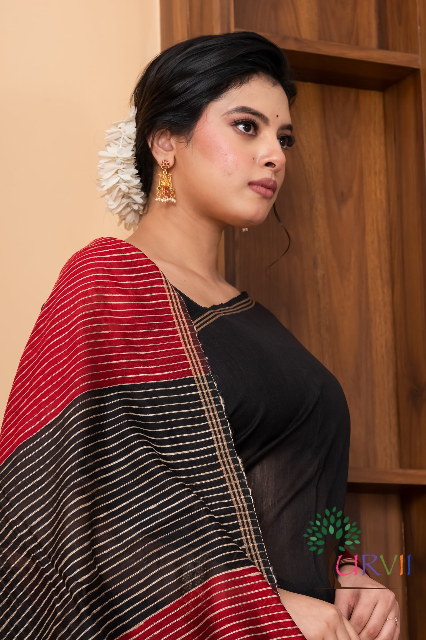 Half n half cotton silk black red saree