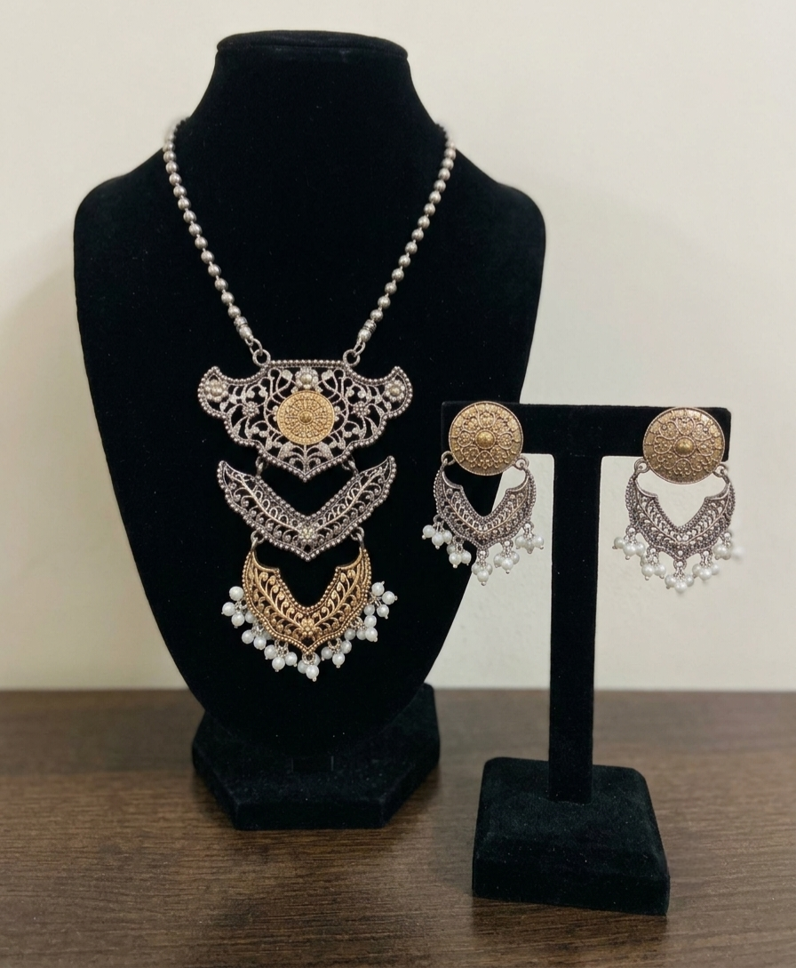 Silver replica dual-tone Statement Necklace and Earring Set with Pearl Accents