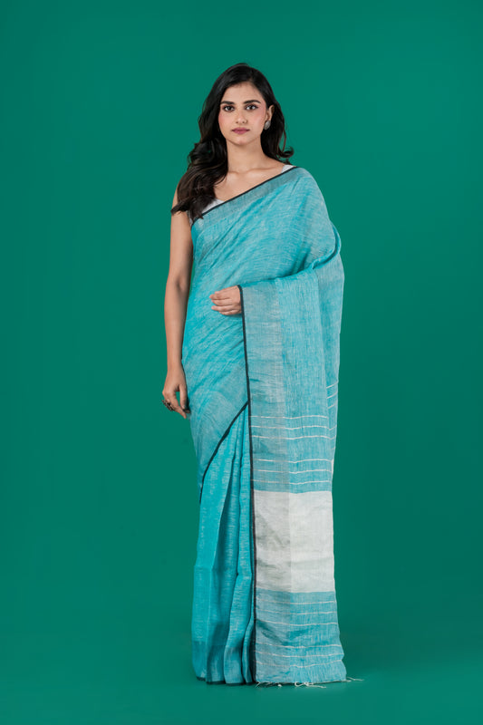 Turqoise blue pure linen saree