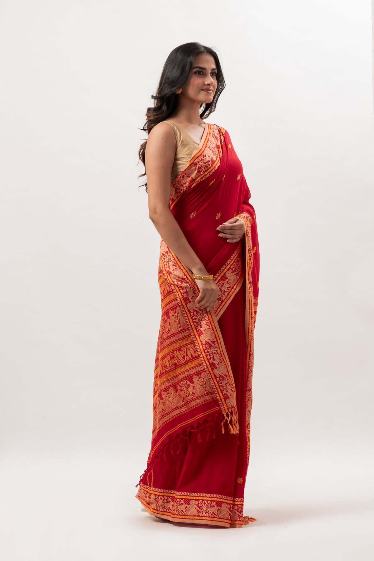 Authentic Bengal Crimson Red Cotton Baluchari Saree