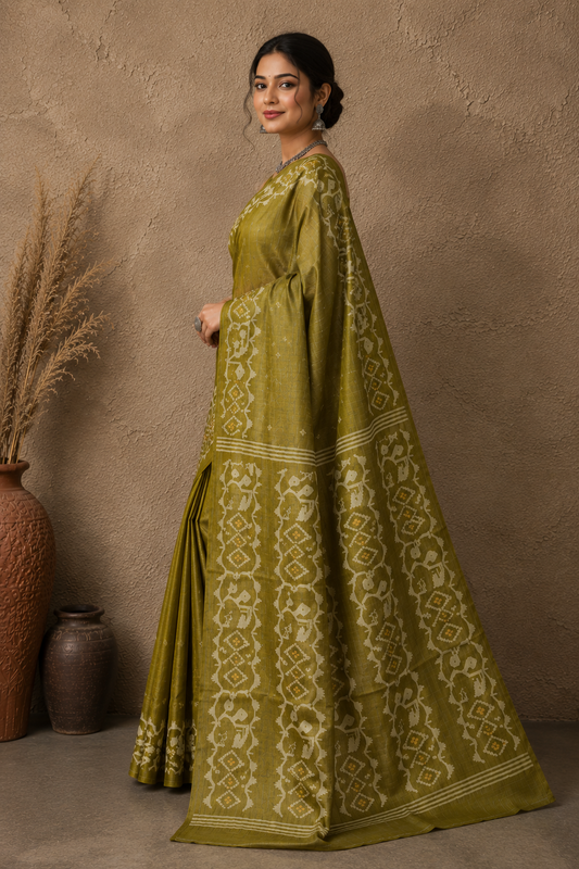 Mehendi green tussar Jamdani saree