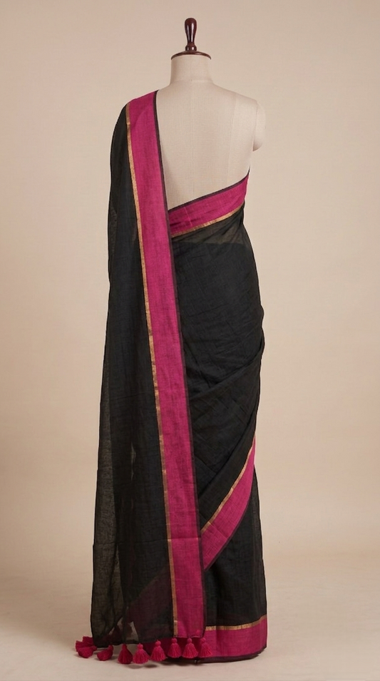 Black mulmul cotton saree pink border
