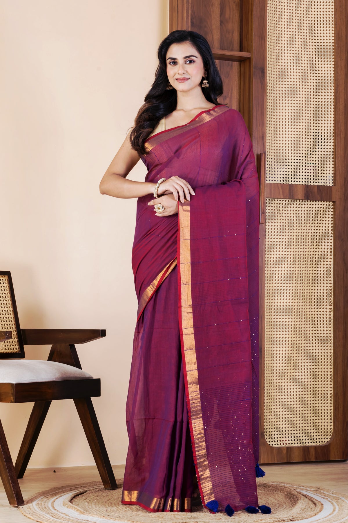 Deep purple premium handspun sequins cotton saree