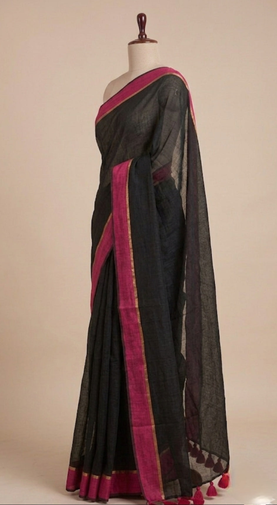 Black mulmul cotton saree pink border