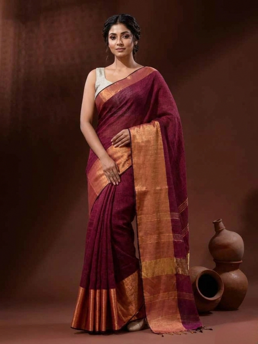 Maroon Linen Saree