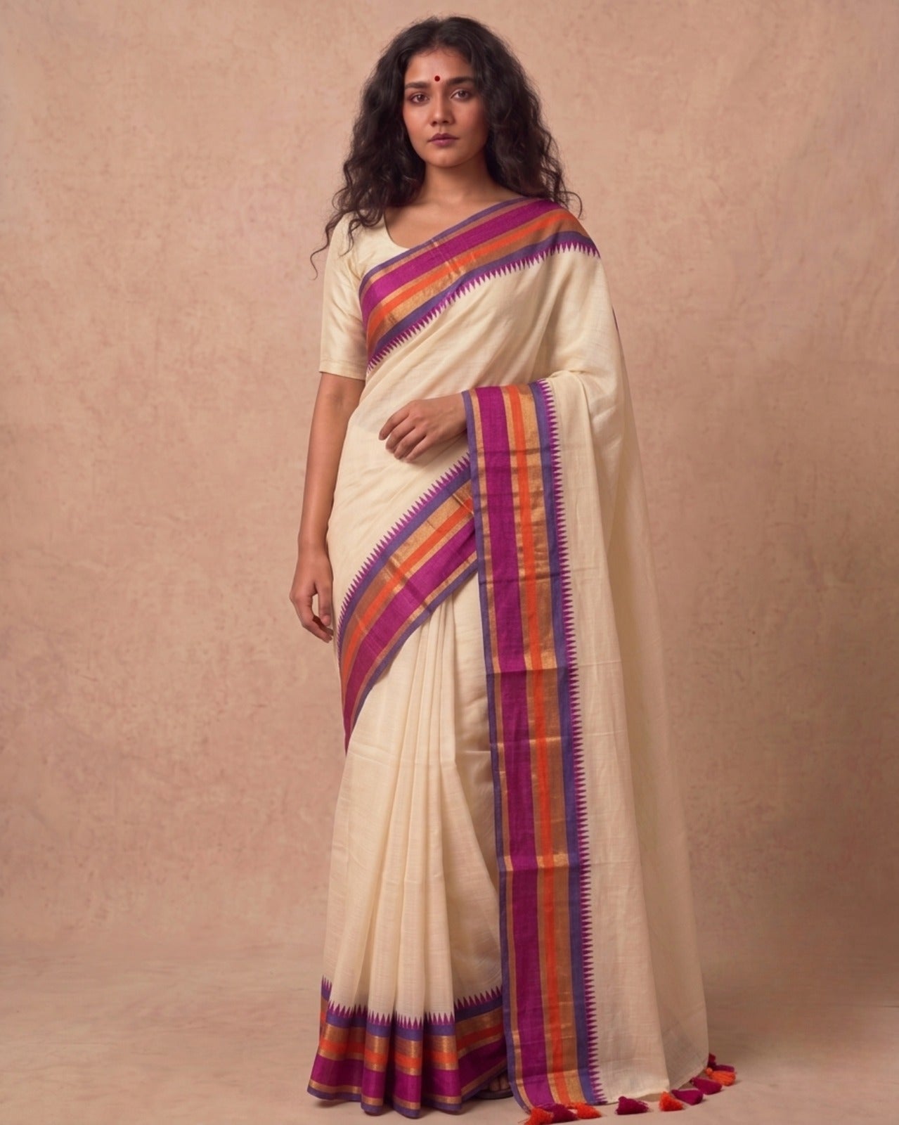 Off white purple-pink kanchi border mulmul saree