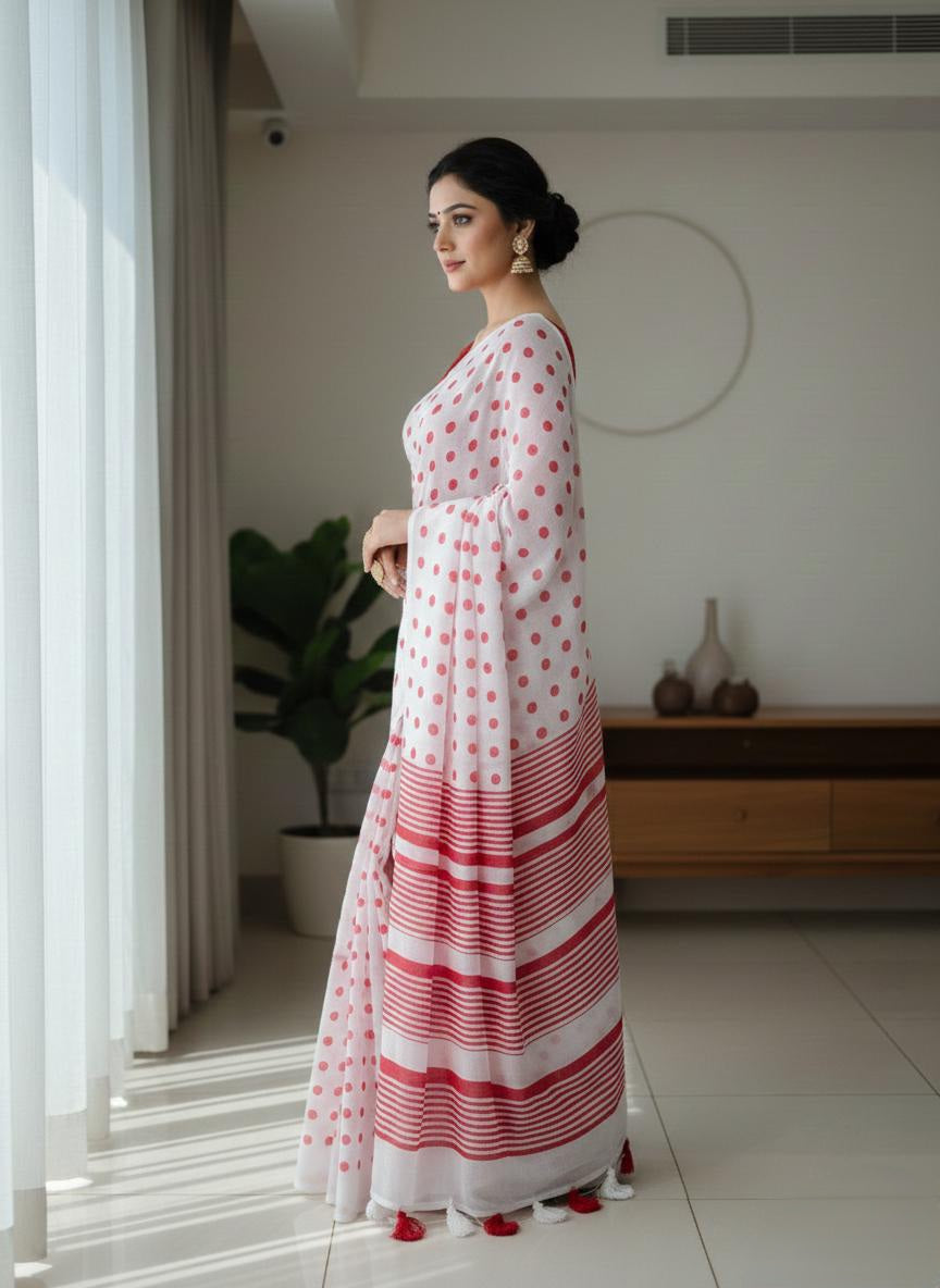 Polka printed mulmul cotton saree