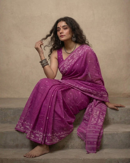 Dark pink handloom cotton jamdani saree