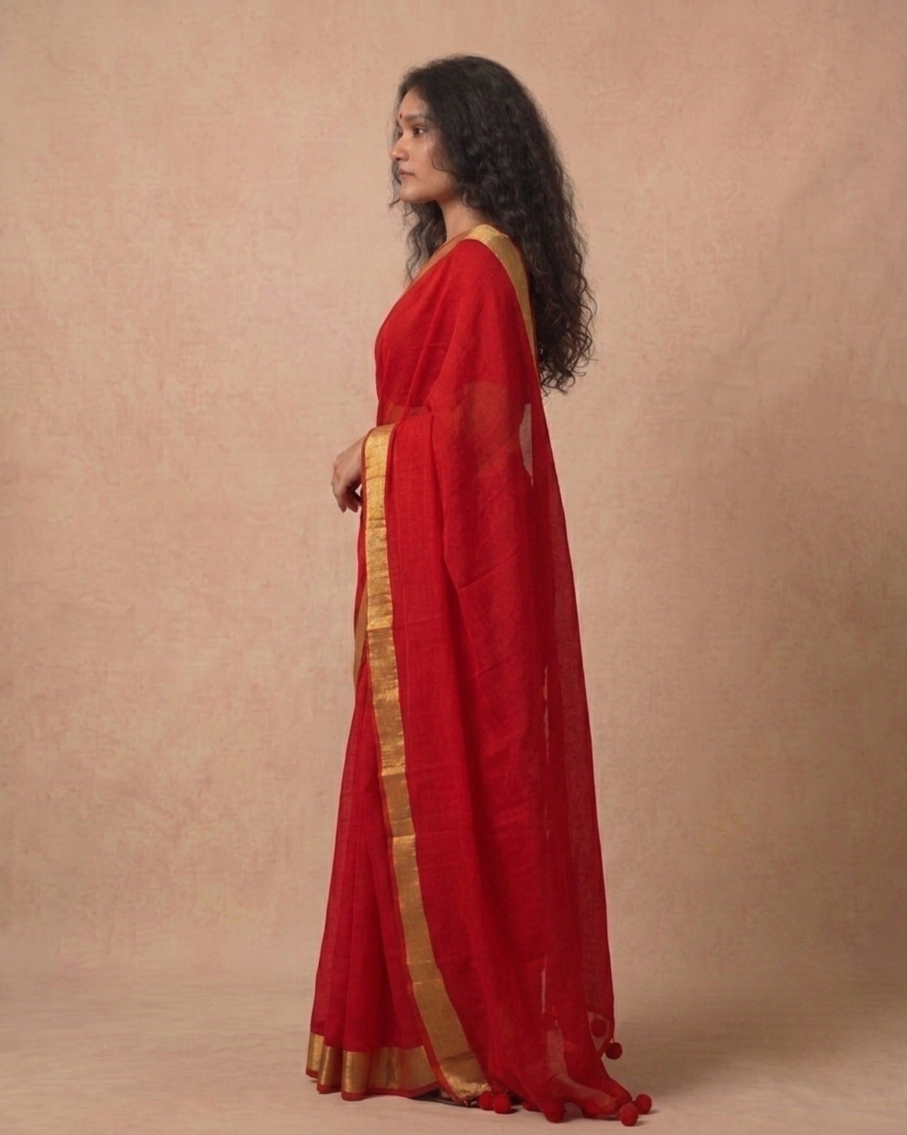 Vermillion red gold zari border mulmul saree