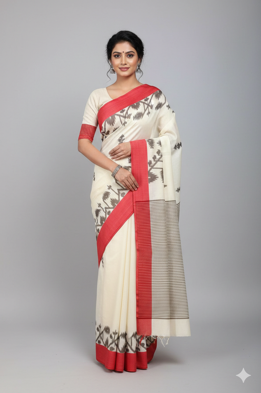 White and red border handloom cotton jamdani