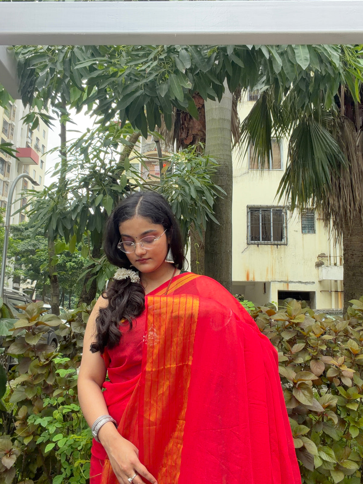 Red mul cotton saree golden striped border