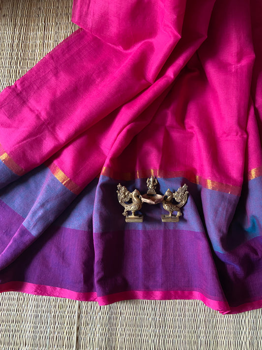 Deep pink broad border cotton saree