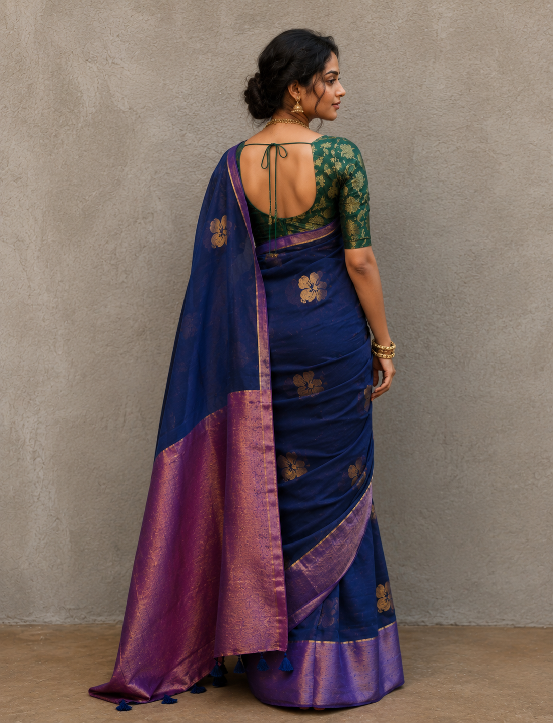 Navy blue mulmul cotton flower motif saree