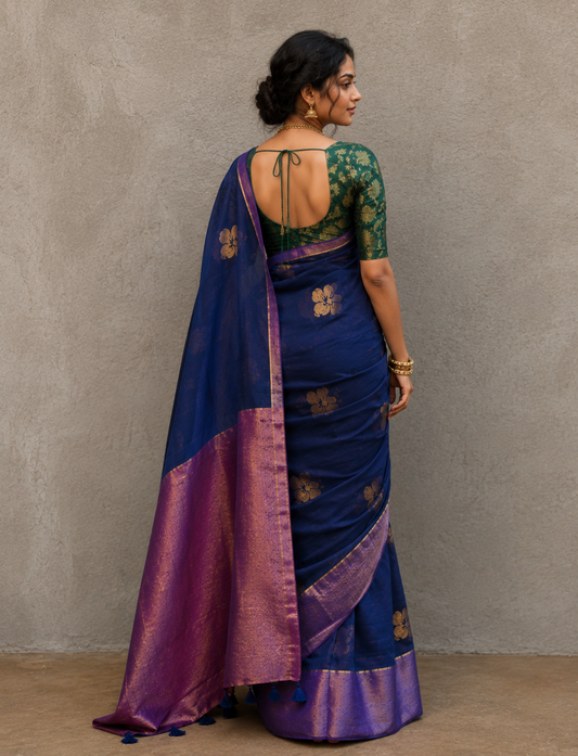 Navy blue mulmul cotton flower motif saree