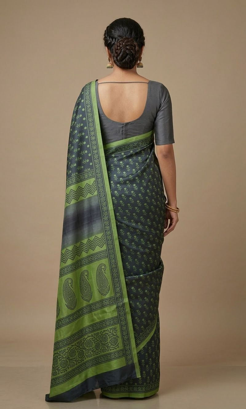 Sage green printed tussar saree