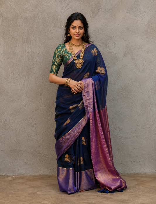 Navy blue mulmul cotton flower motif saree