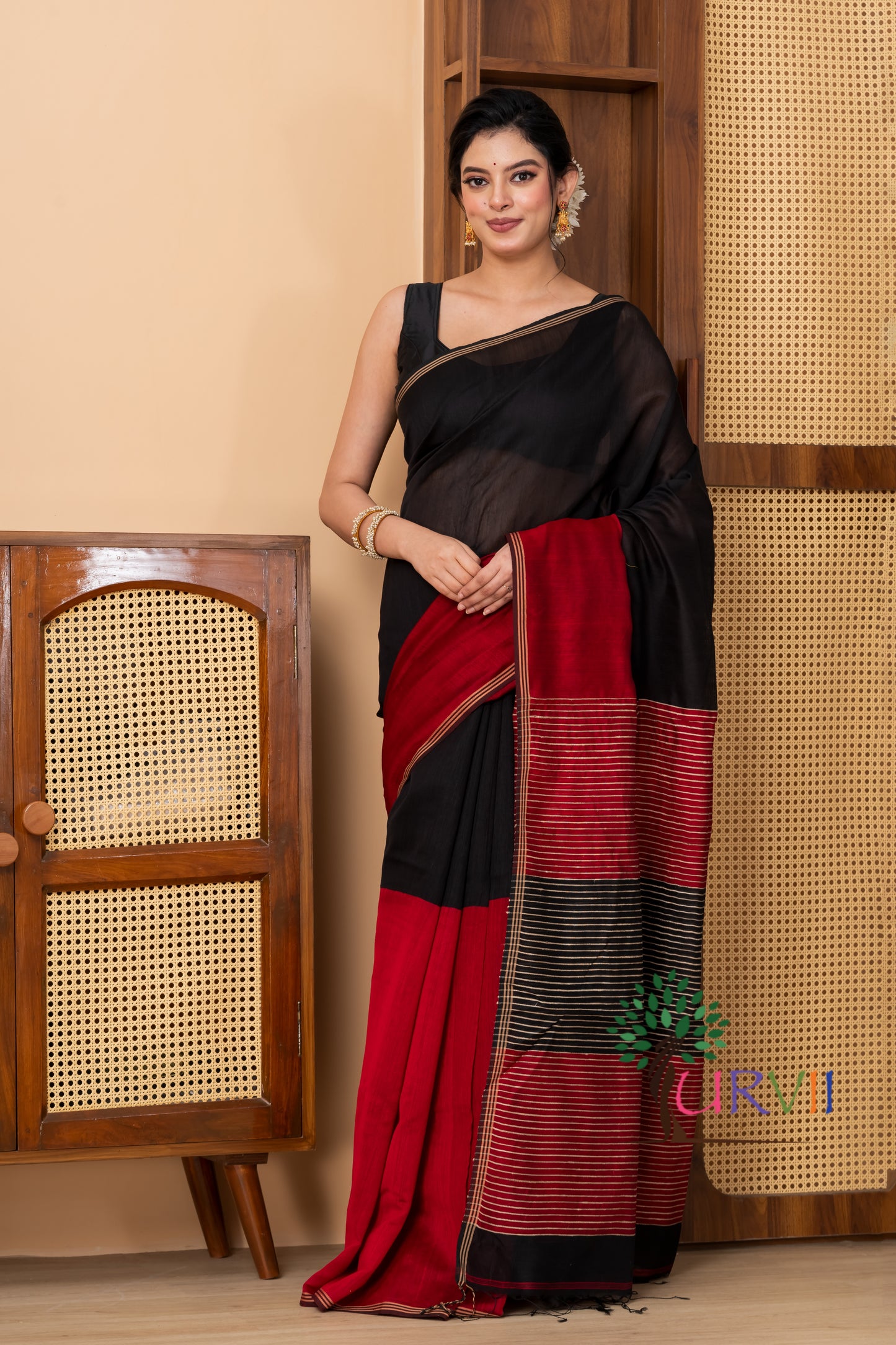 Half n half cotton silk black red saree