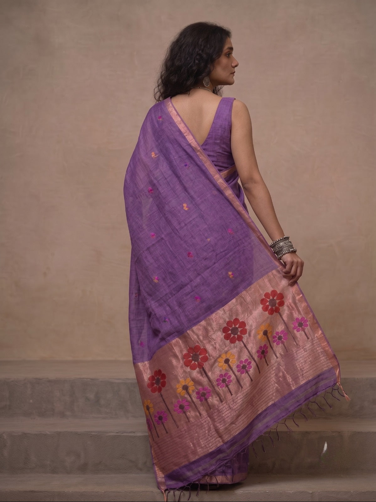 Mauve linen Silk Jamdani saree