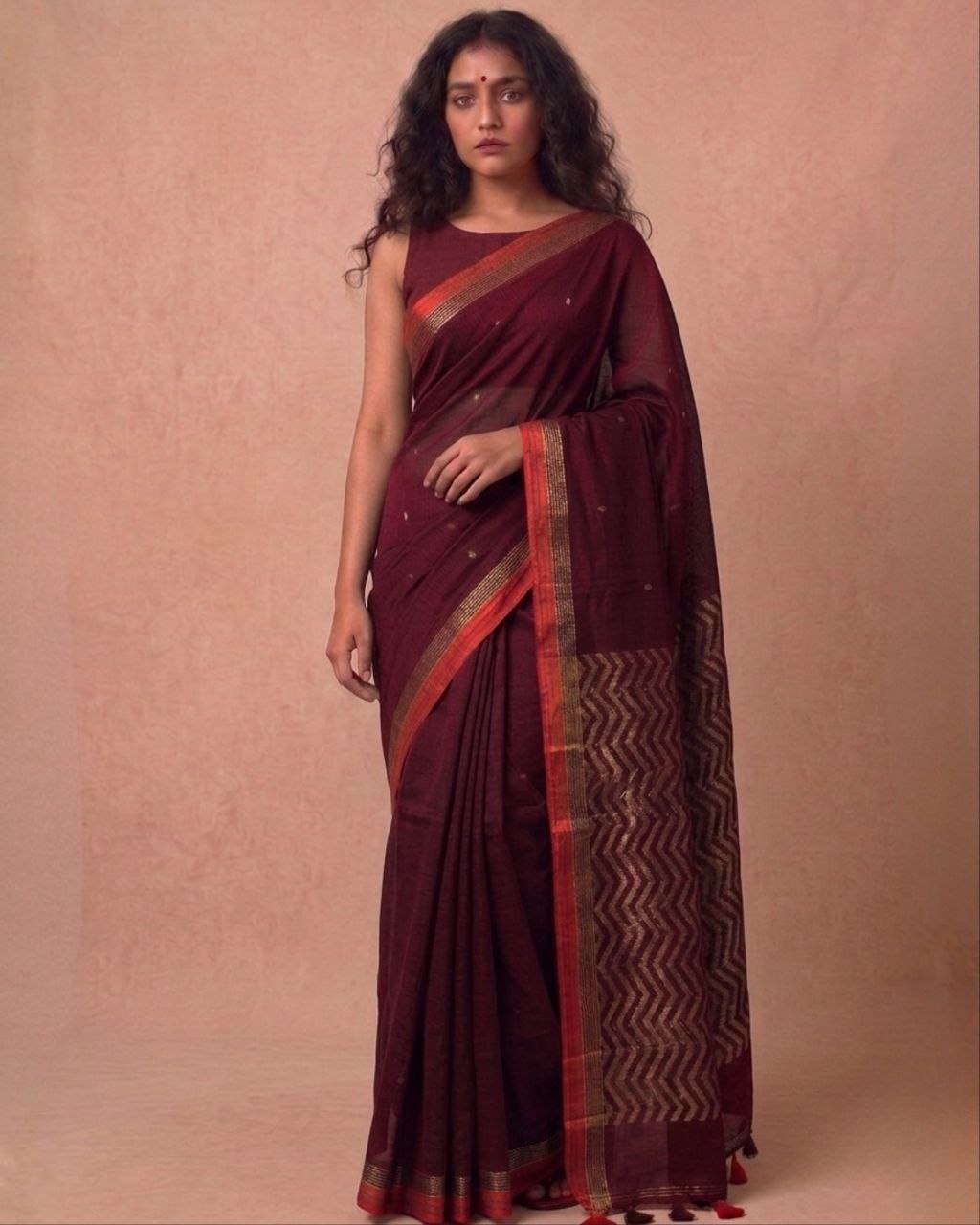Dark maroon organic cotton linen saree