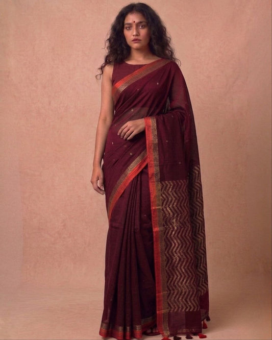 Dark maroon organic cotton linen saree