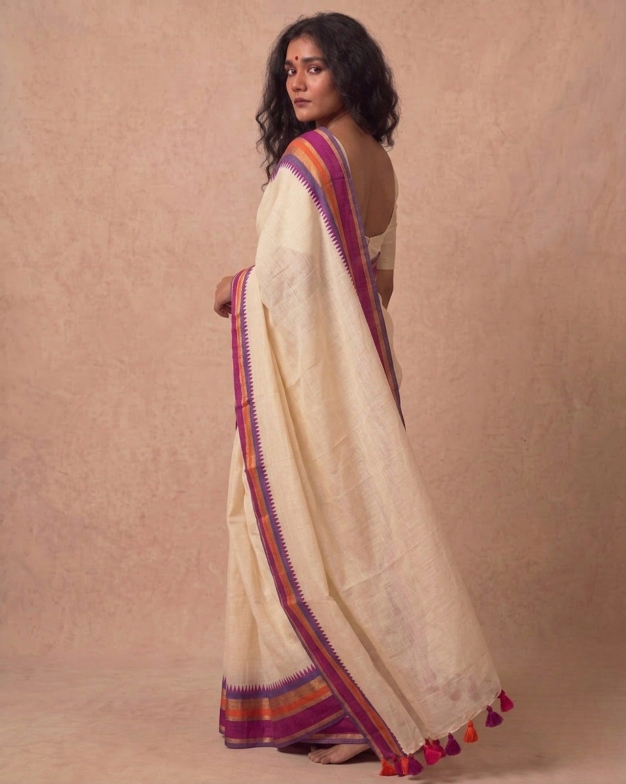 Off white purple-pink kanchi border mulmul saree