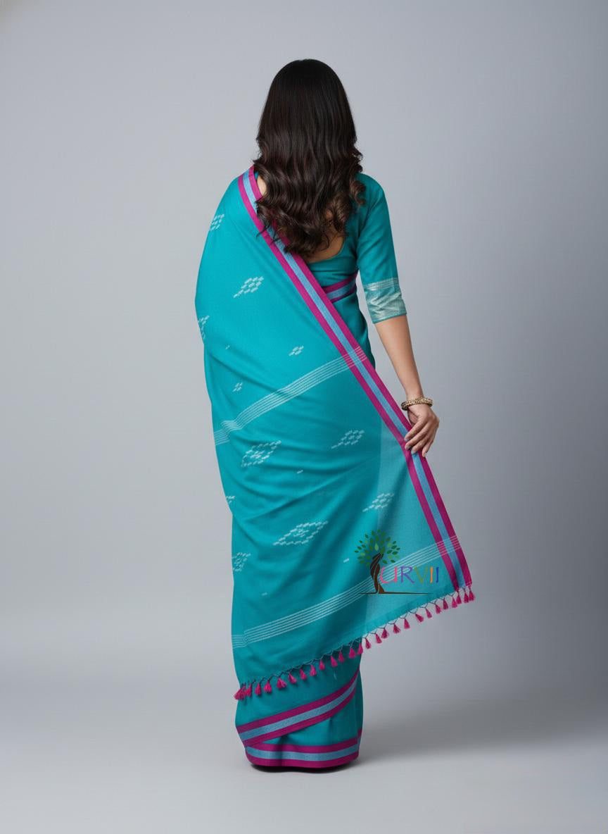 Turqoise blue mulmul cotton saree