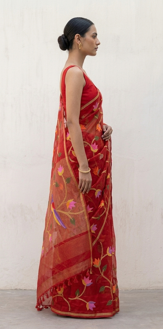 Vibrant Red Handspun Resham Paithni Silk Saree