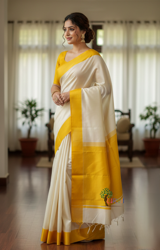 Yellow and white Garad silk saree