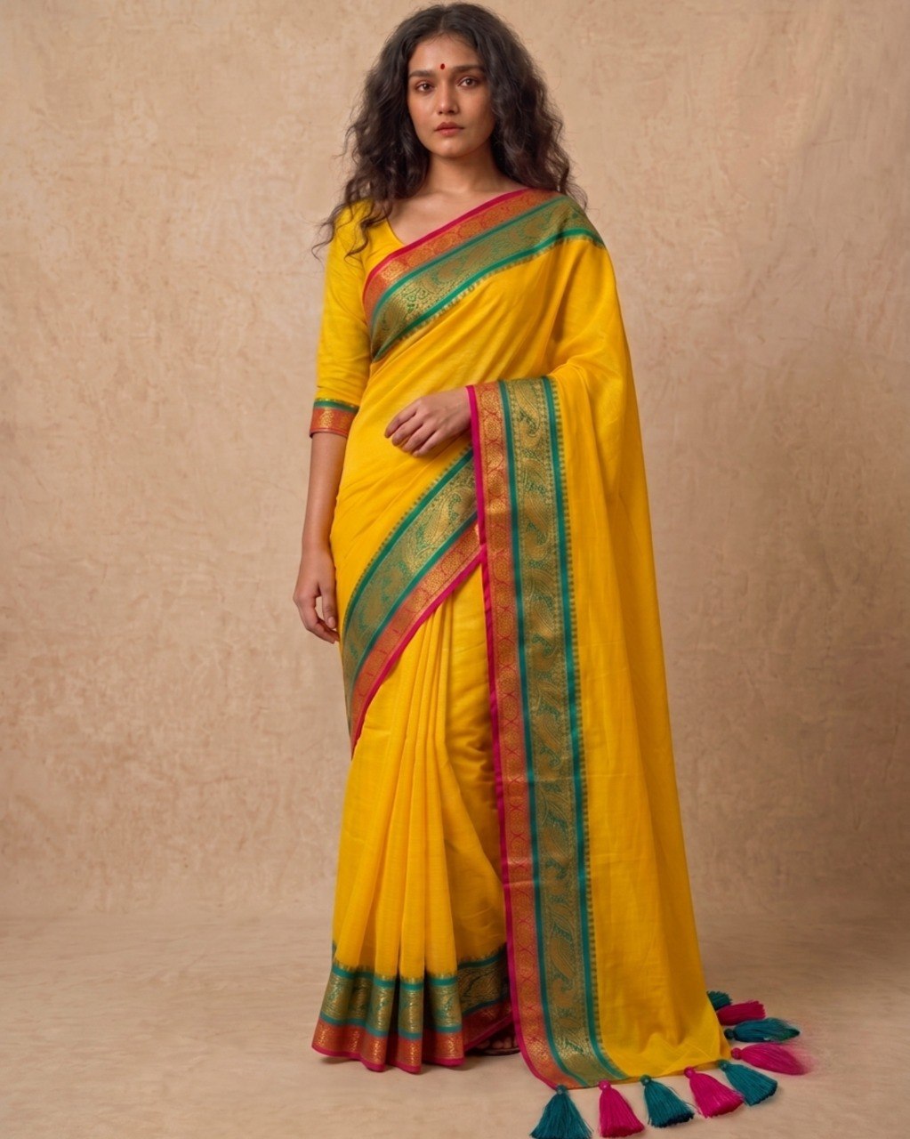 Bright yellow multi color kanchi border mulmul saree