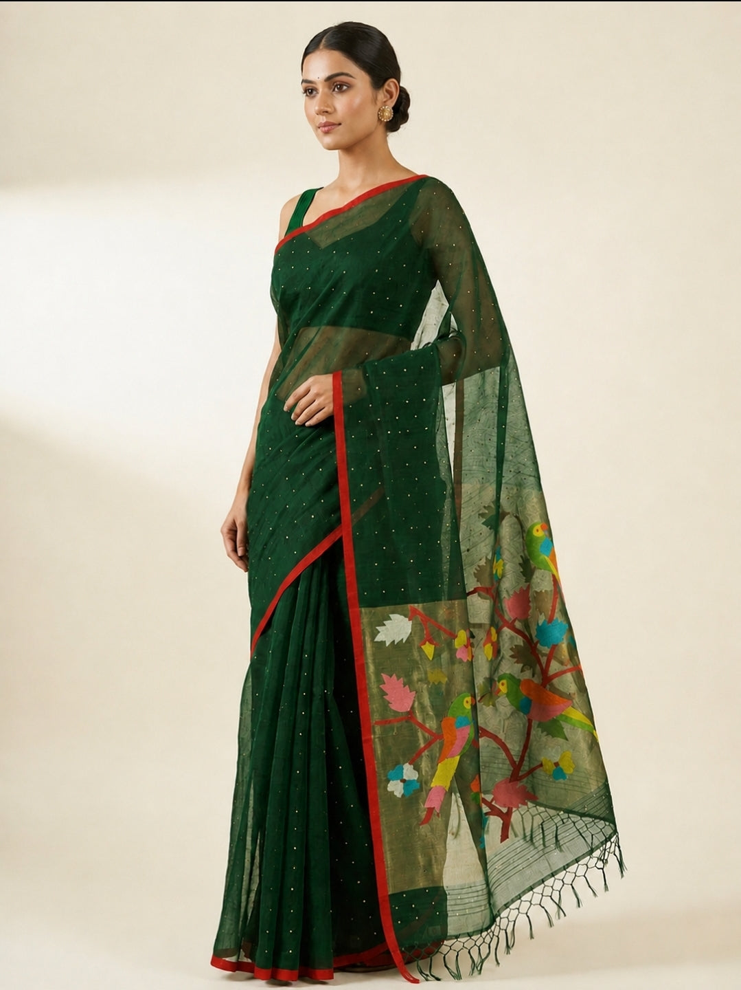Handspun dark green resham mulberry silk saree