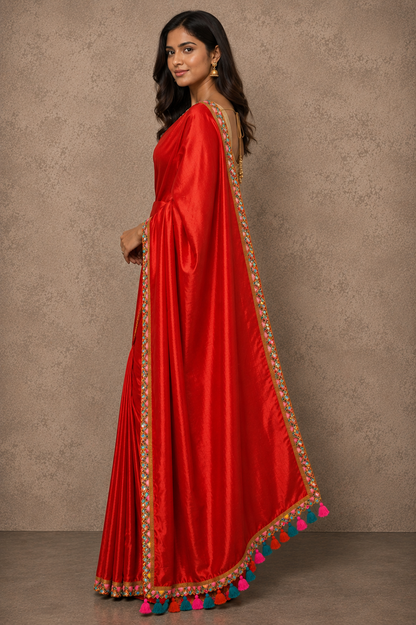 Zari border tomato red tissue Cotton saree