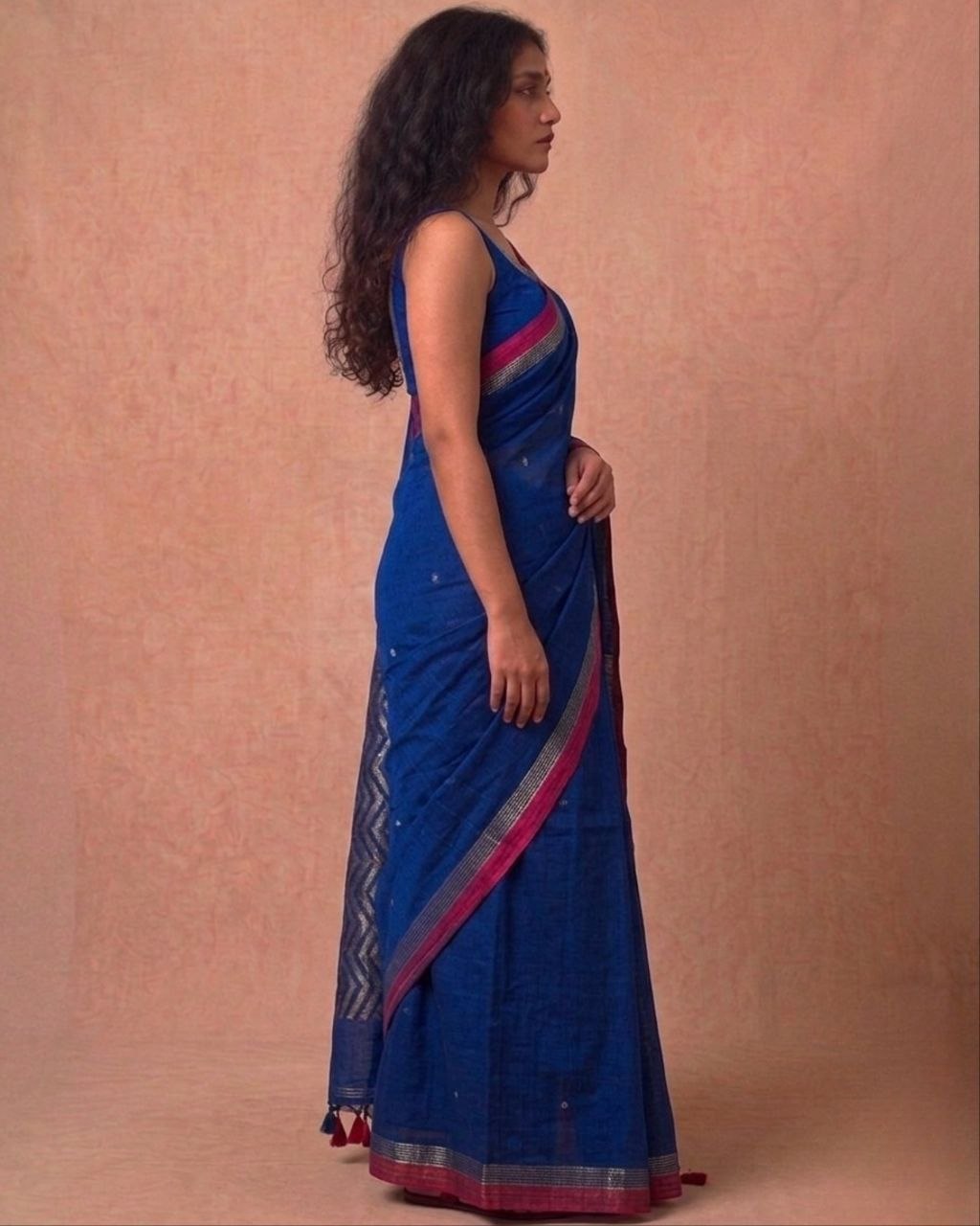 Royal blue organic cotton linen saree