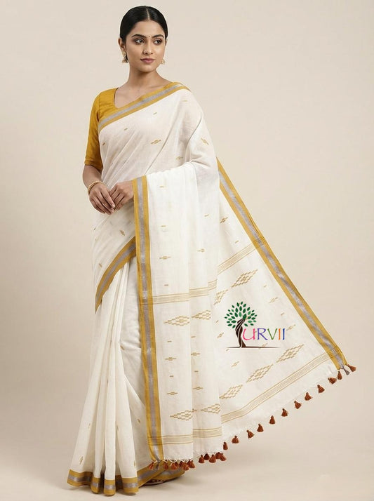 Offwhite mulmul cotton saree