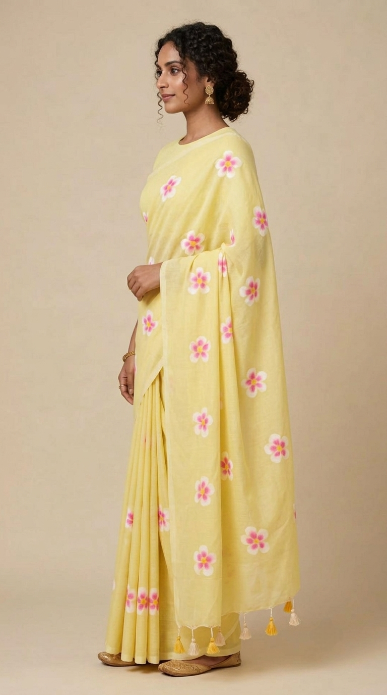 Lemon yellow floral Printed Mul Cotton Saree