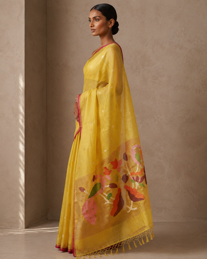 Yellow handspun resham paithni silk saree