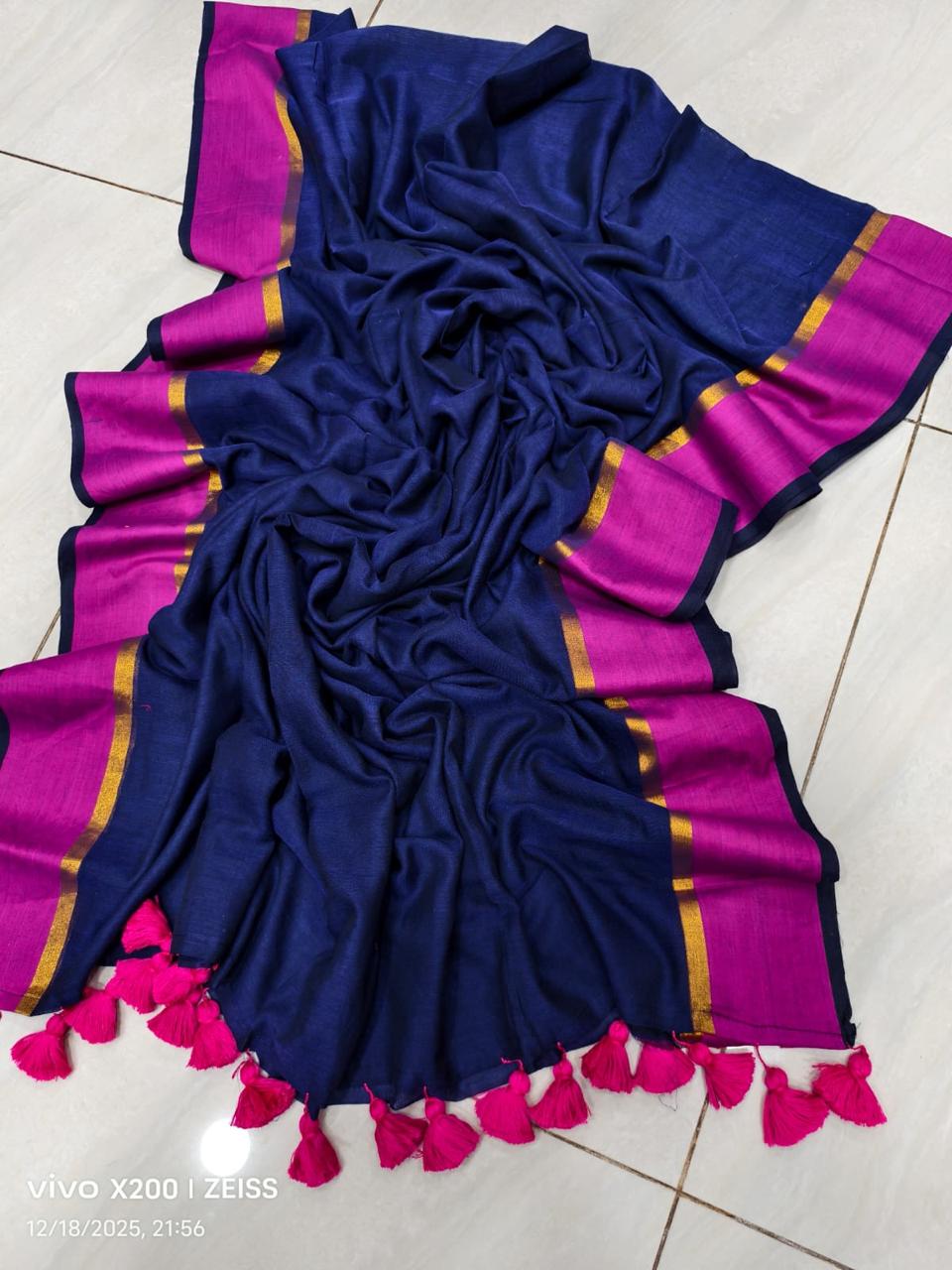 Navy blue mulmul cotton saree