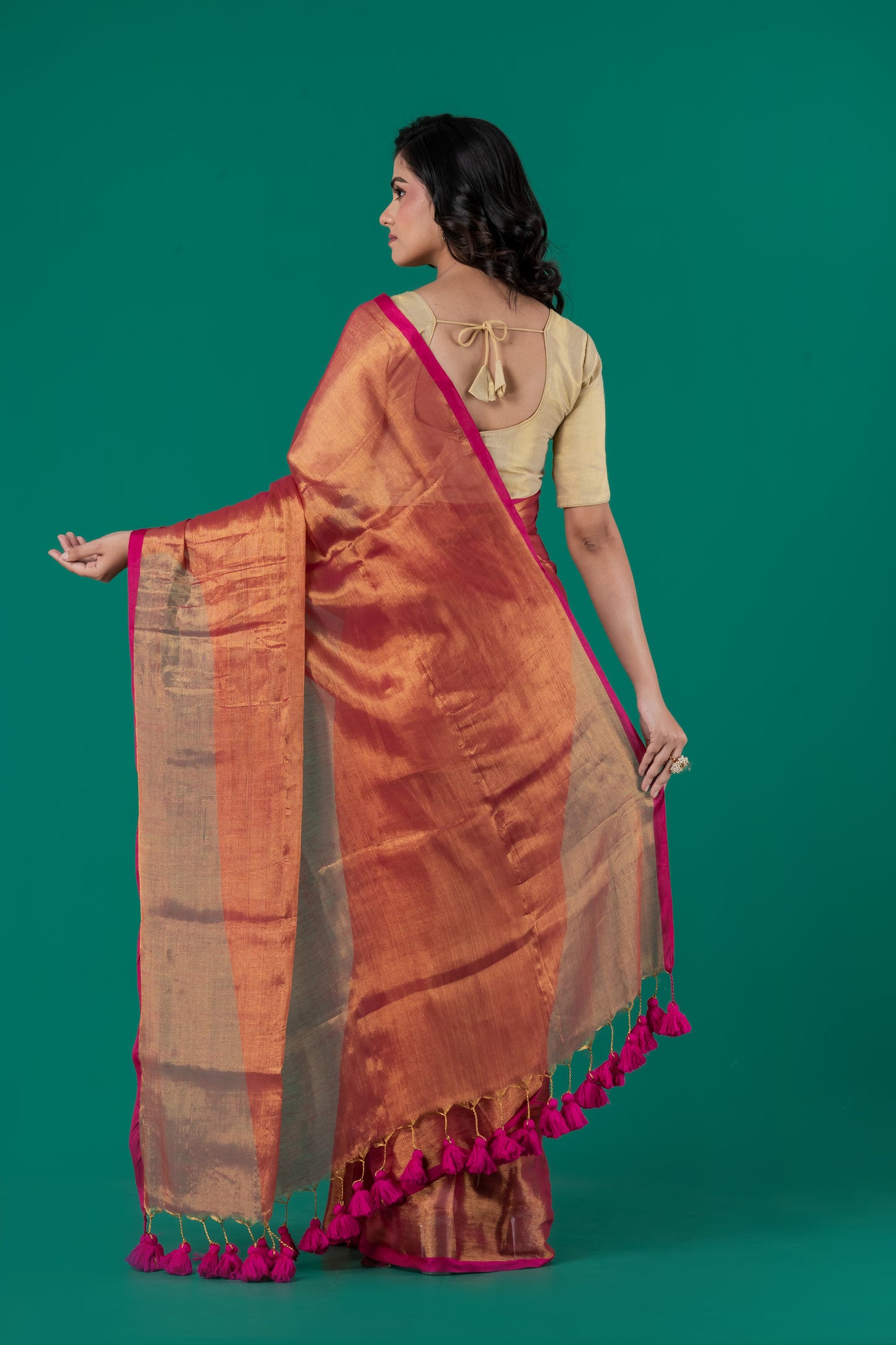 Red & orange metallic fusion tissue cotton saree