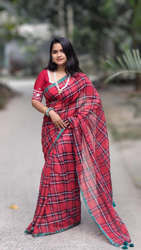 Check mulmul cotton saree