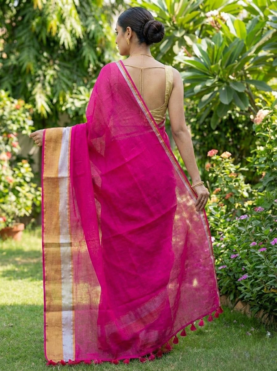 Dark pink mulmul cotton saree