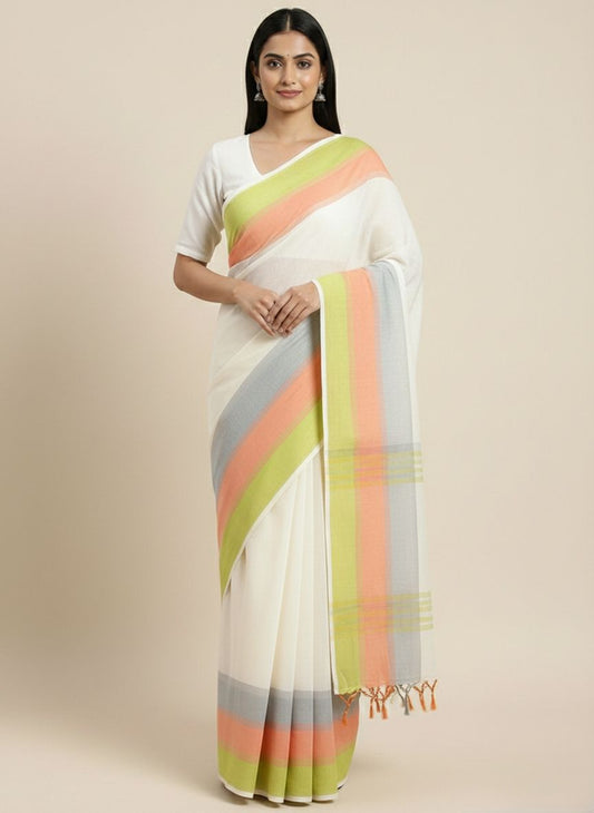 White mulmul cotton saree