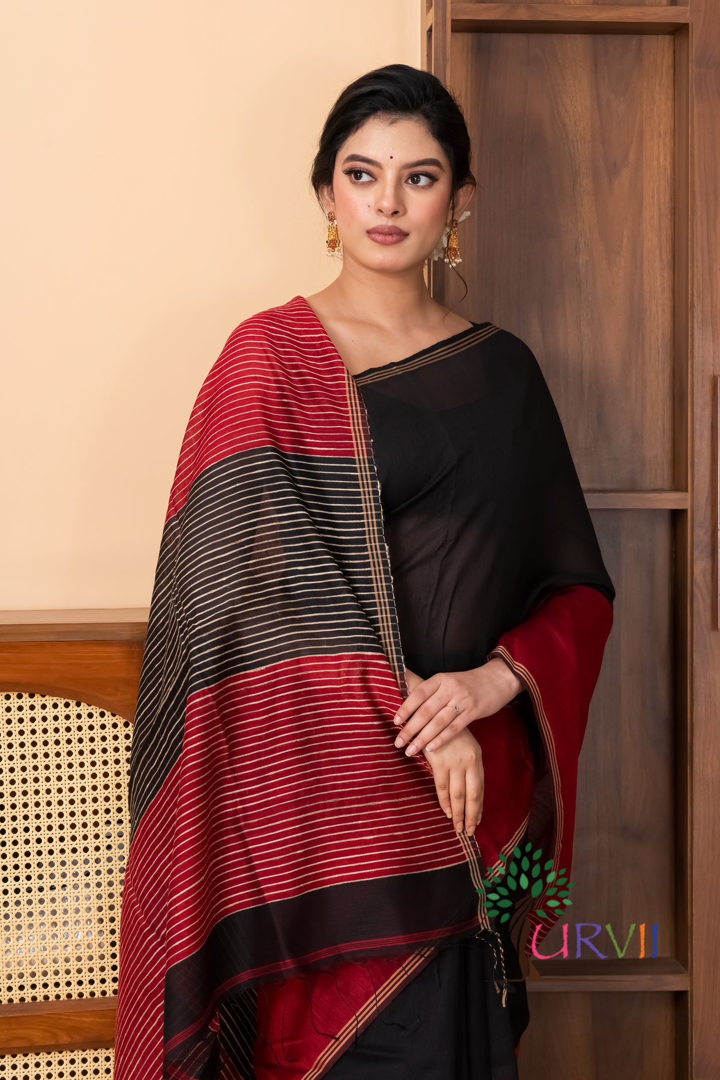 Half n half cotton silk black red saree