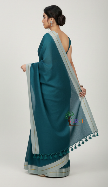 Dark green mulmul cotton saree