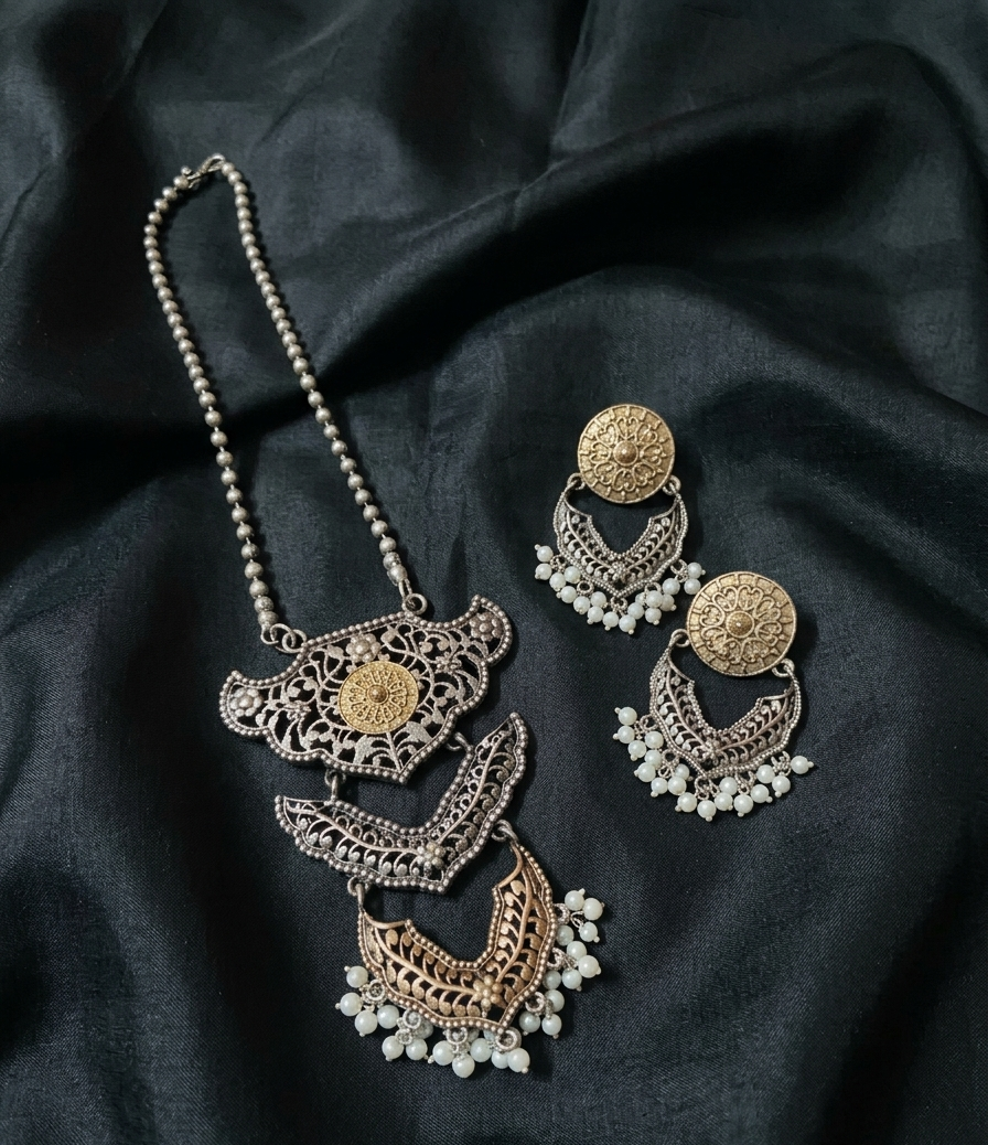 Silver replica dual-tone Statement Necklace and Earring Set with Pearl Accents