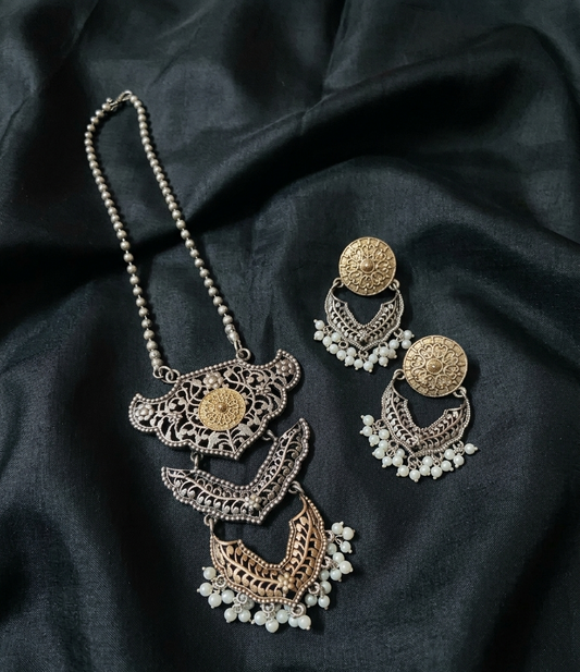 Silver replica dual-tone Statement Necklace and Earring Set with Pearl Accents