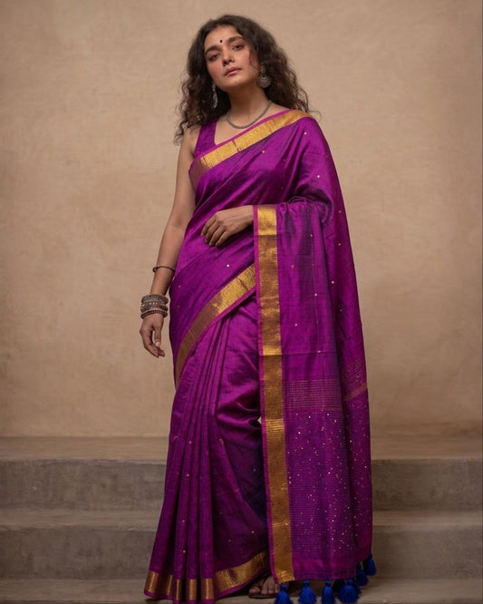 Deep purple premium handspun sequins cotton saree