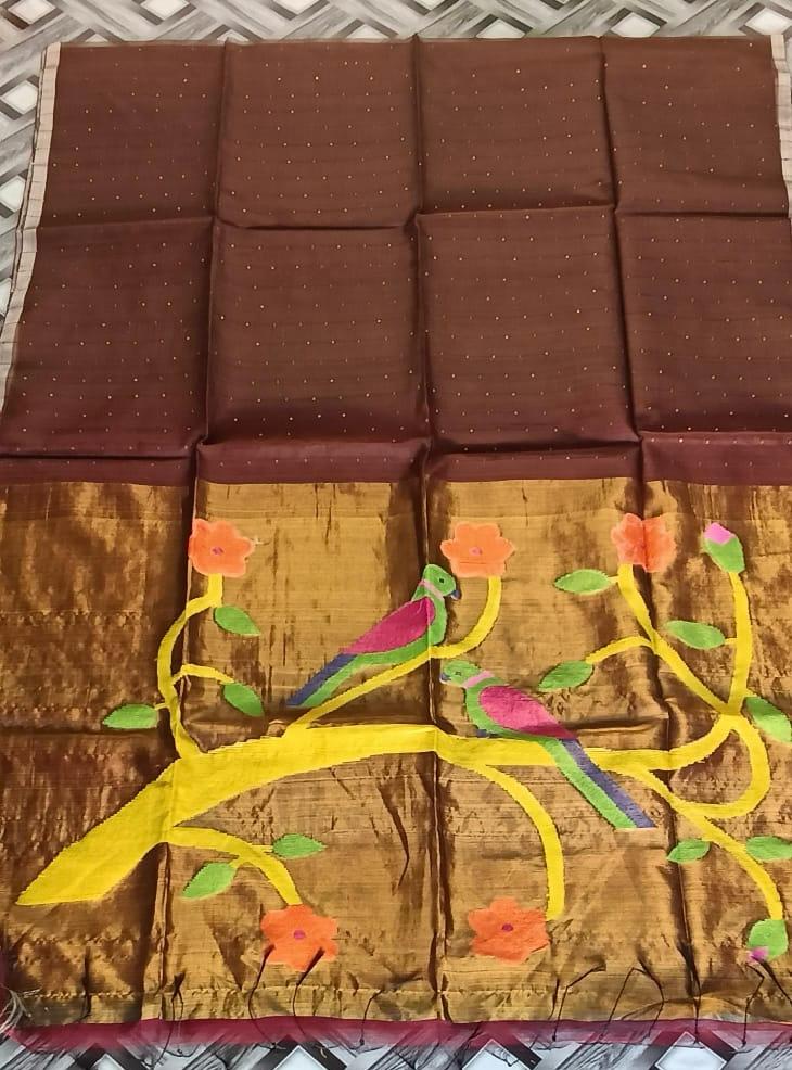 Choco brown handspun white resham paithni silk saree
