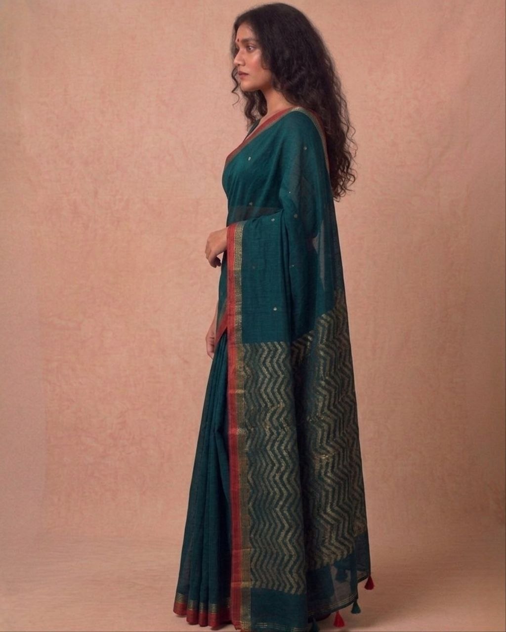 Teal green organic cotton linen saree