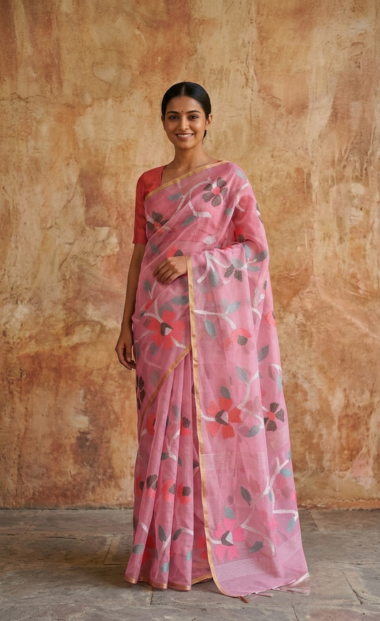 Baby pink all over jamdani woven  Resham Silk