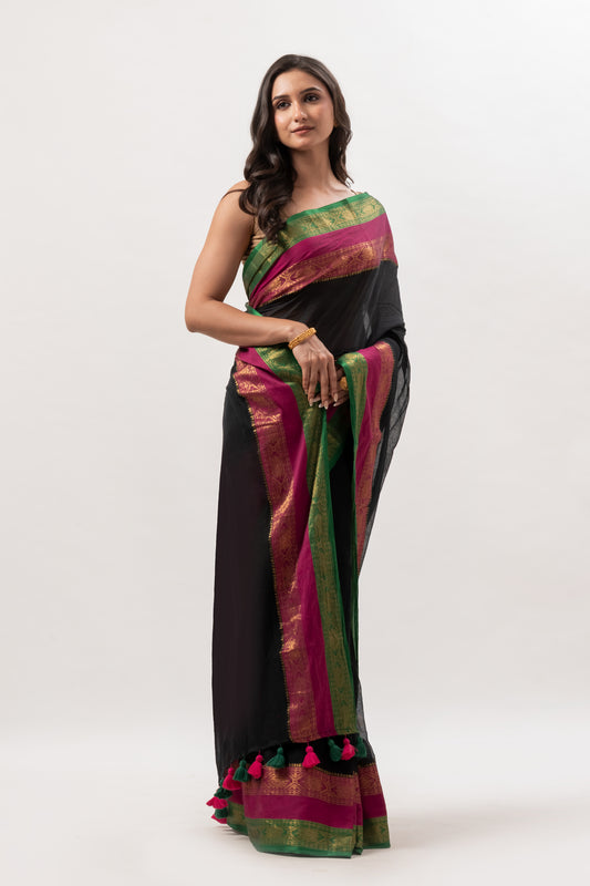 Pink n green kanchi border black mulmul cotton saree