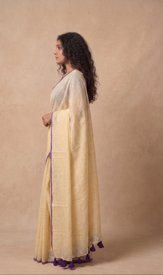 Off white zari striped premium mul cotton saree